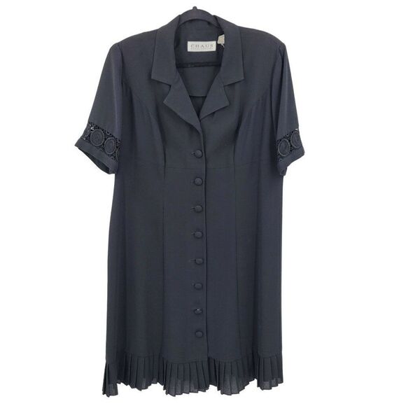 Vintage 80's Chaus Shift Dress 14W Black Button Front Lace Pleated Ruffle Hem - Picture 1 of 10